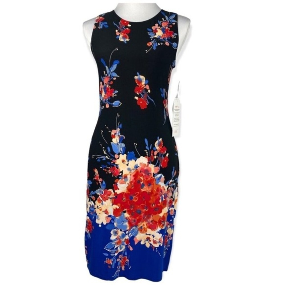 Tiana B Womens Black Blue Floral Colorblock Sheath Dress Sleeveless Size S NWT